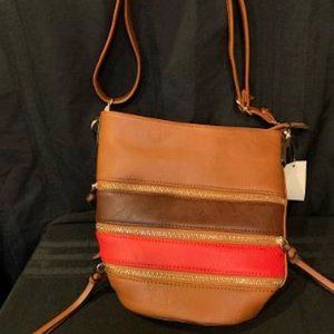 Faux Leather Bucket Bag Brown Red & Tan Multi Zip